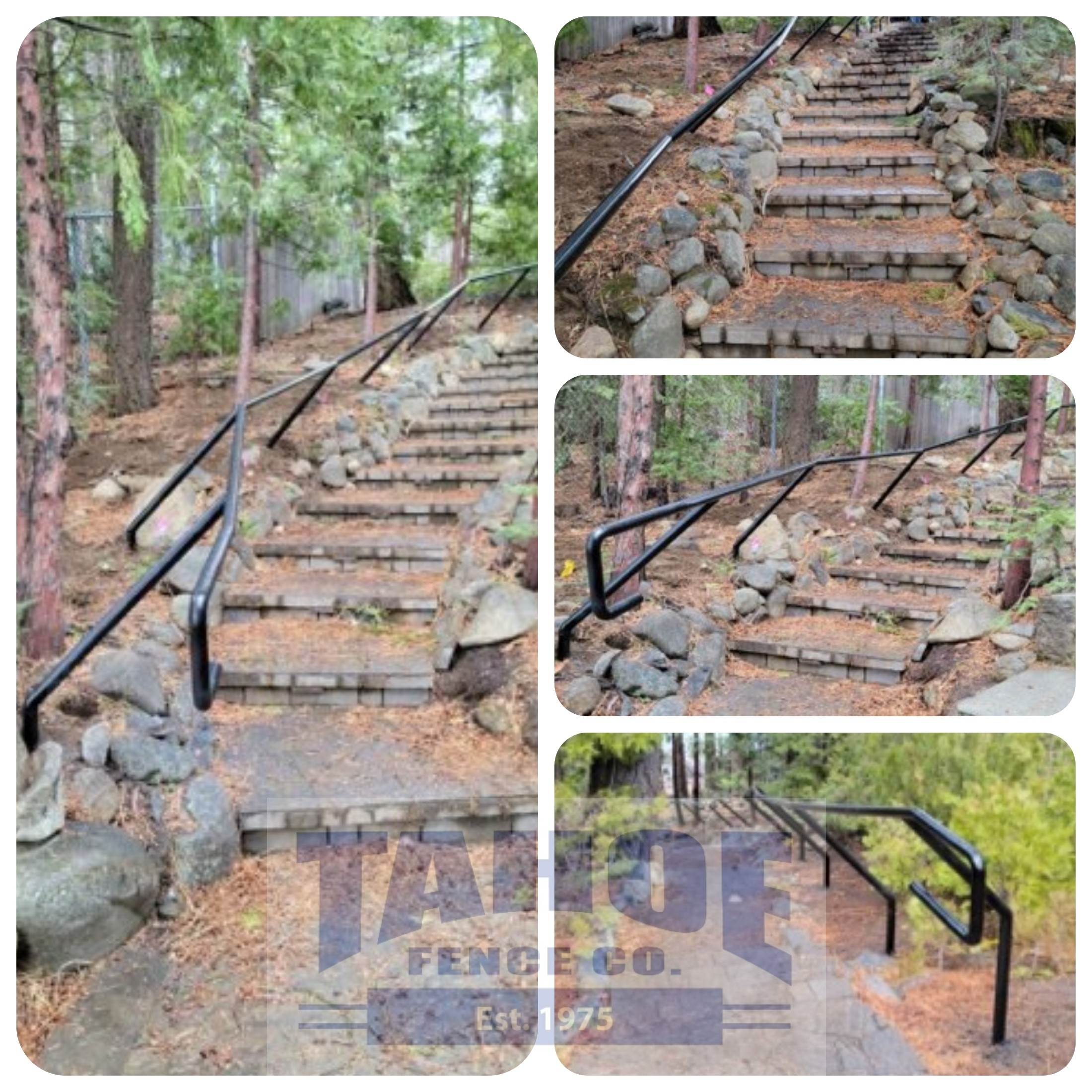 Black, steel hand rail along stone/rock wall and steps in Tahoma (Placer/El Dorado Counties.)