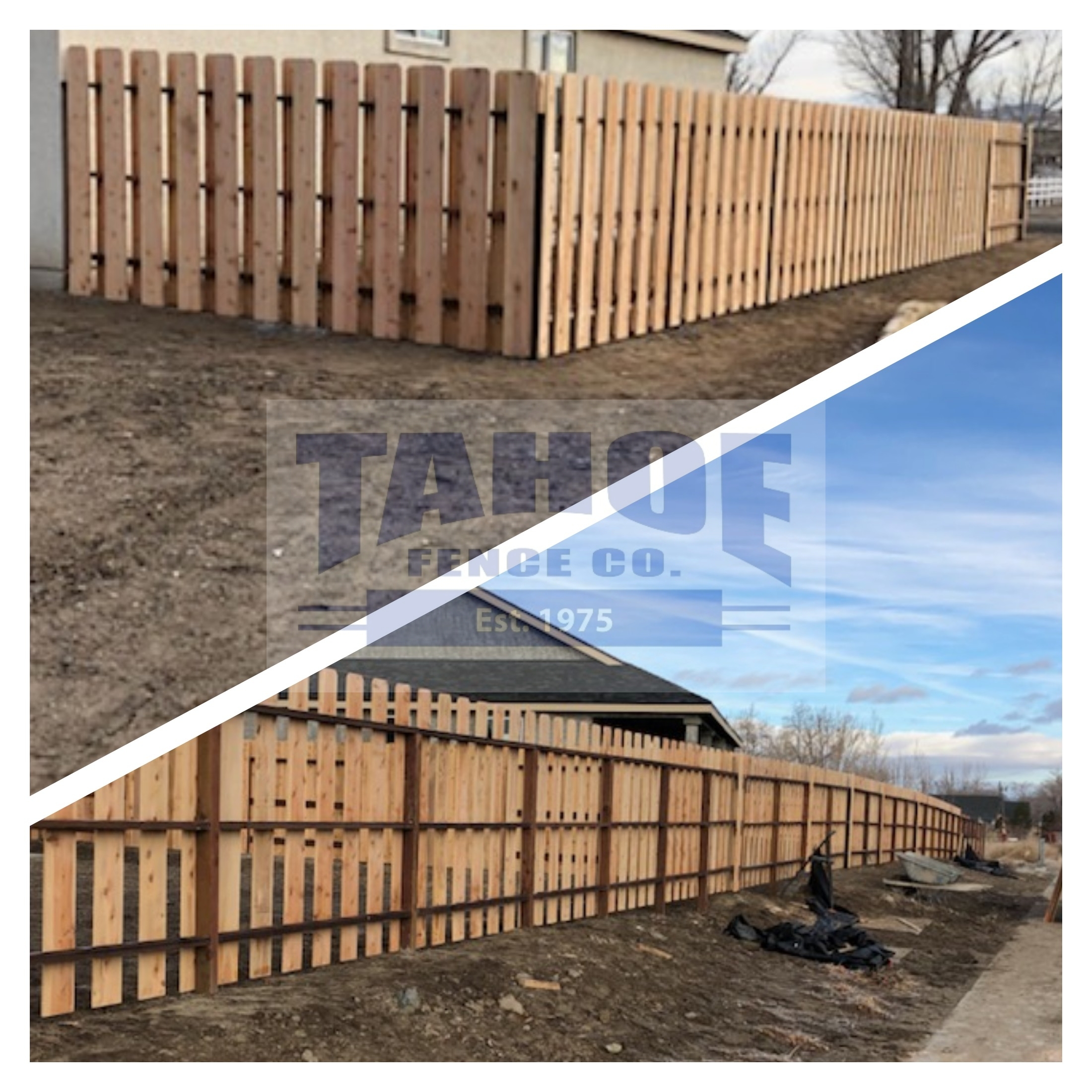 This shadowbox-style, cedar fence Tahoe's crews built is also awesome. The pictures show the fence as it's being built on pressure treated posts and rails in Yerington (Lyon County.)  Shadowbox fences look similar from both sides which is ideal for shared fences. And their design allows for changing visual points of interest depending on the viewing perspective.