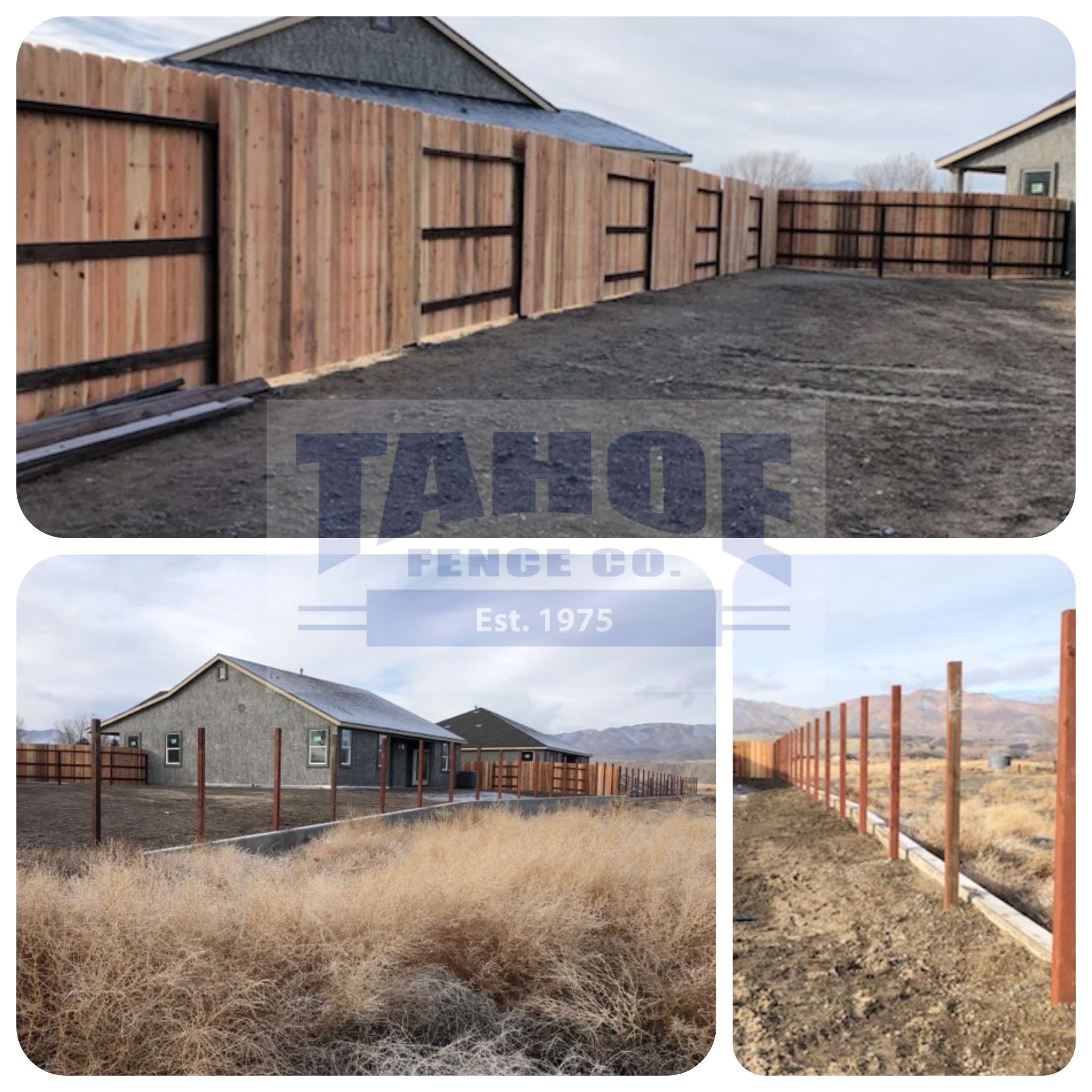 Tahoe Fence built good neighbor or alternating panel fence with cedar boards on pressure treated posts and 3-rails in Yerington (Lyon County.)