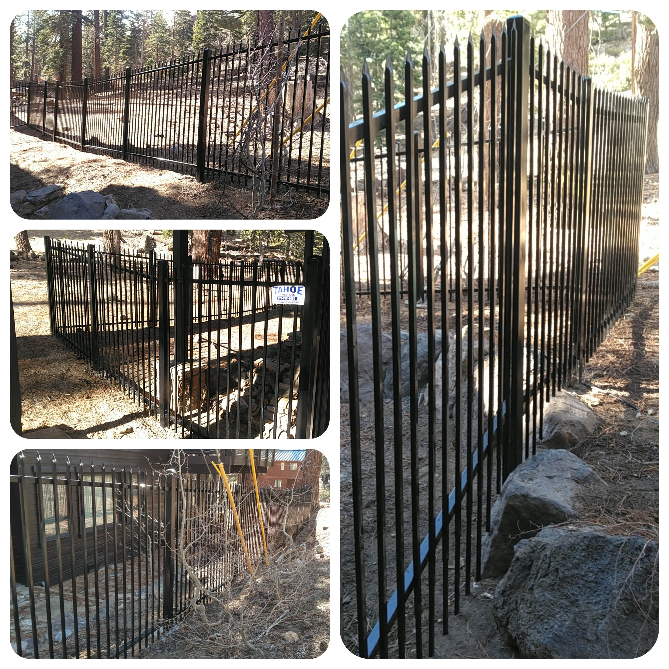 Tahoe Fence did this Aristocrat style, ornamental steel fence in Mammoth. The panels follow the rocky terrain to secure the property. But the open spacing of the design compliments the surrounding beauty of the natural setting.