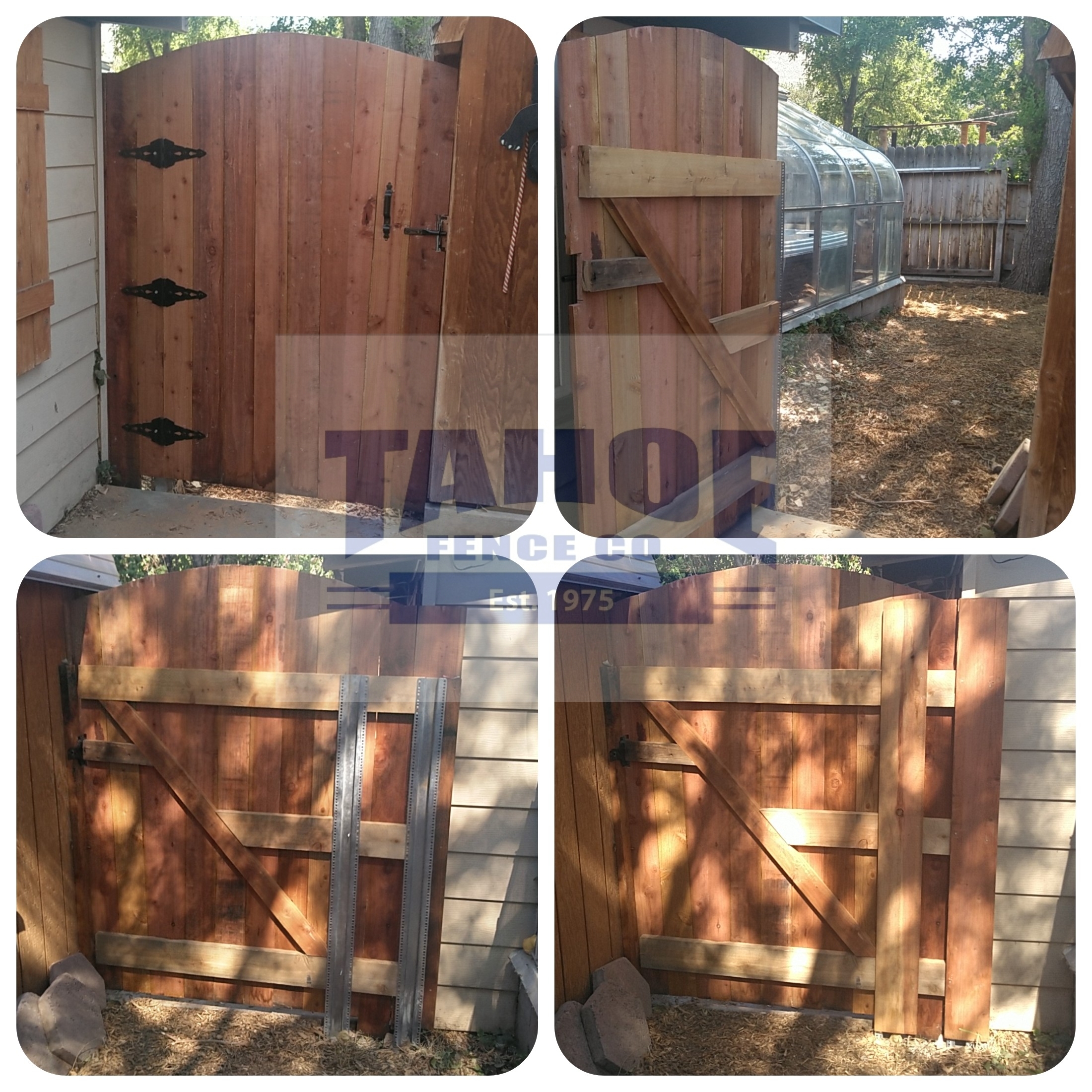 This redwood gate has a positive arch cut along the top. It allows the gate to be taller and still maintain clearance for the buildings' eaves. 2x6s were used for the framing. And everything is built on steel posts which are hidden in the construction. 