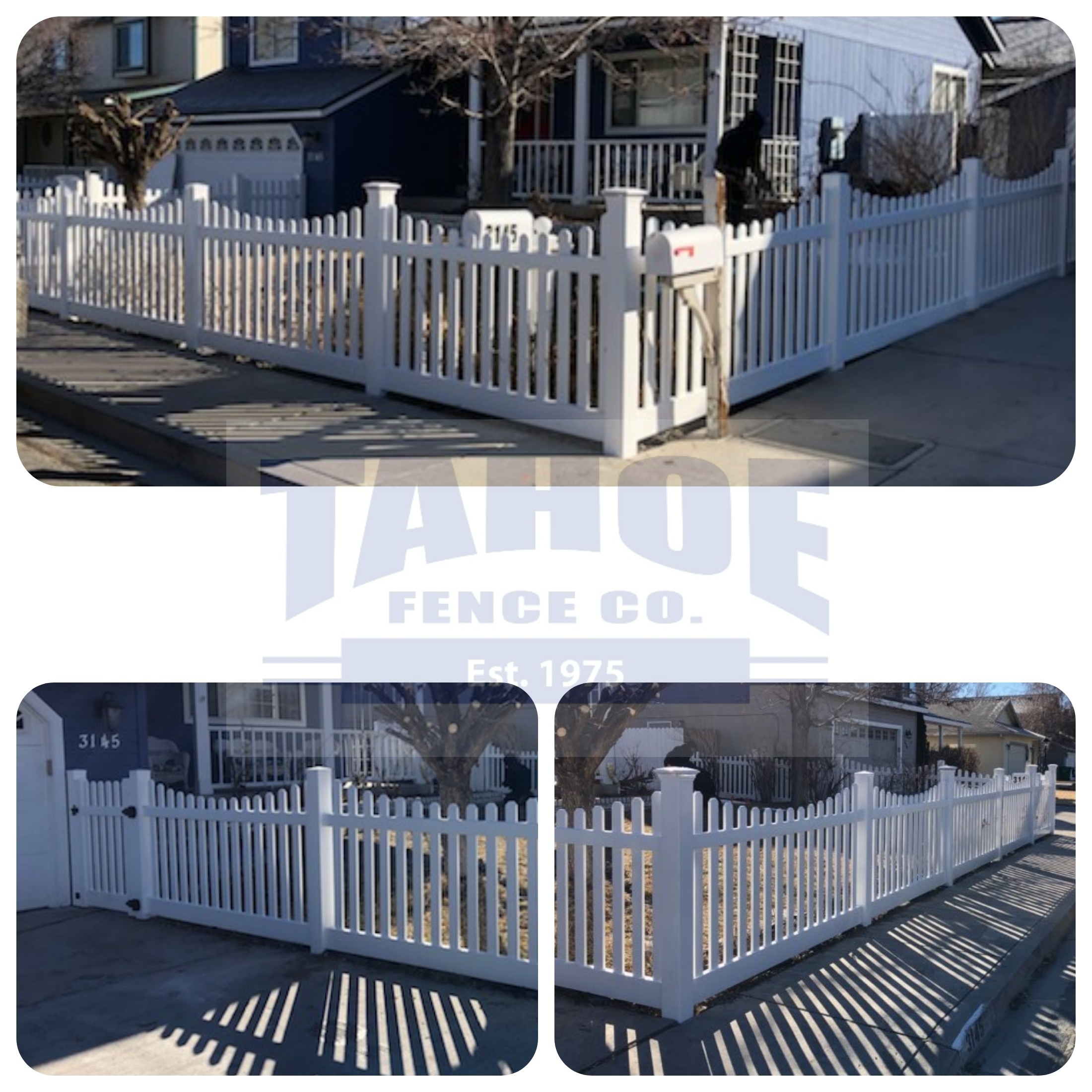 Tahoe's crews did a great job with this install (before the current weather) of a white, picket fence using the customer's PVC material in Carson City.  The fence has a scalloped (negative arch/smiling) picket top.  