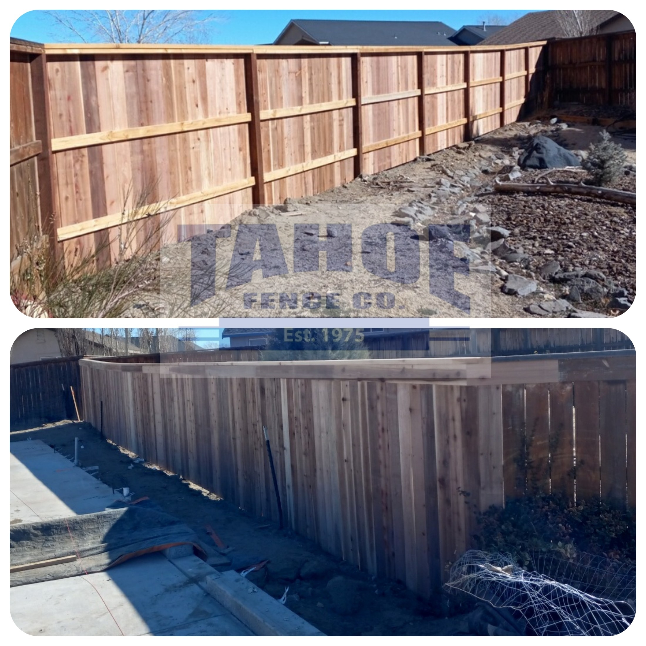 Storm damaged wood fence replacement by Tahoe Fence in Reno with 3-rail design including additional top cap and top face board.