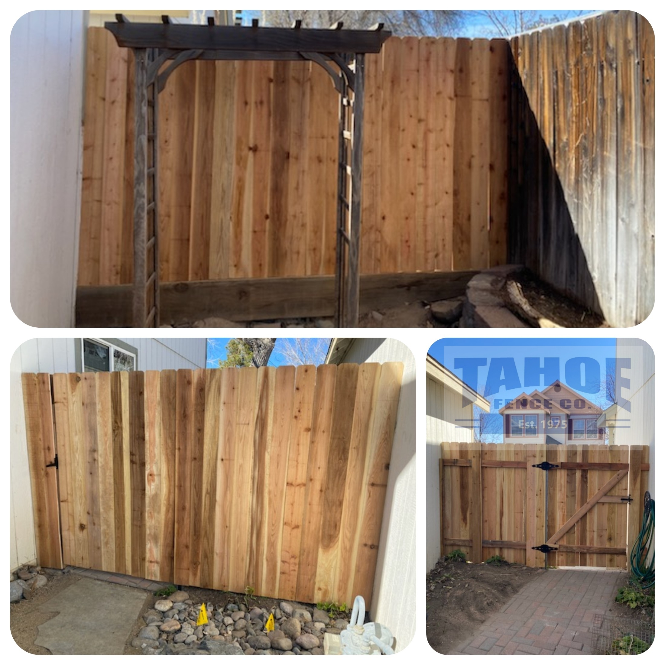 Like this dogear wood fence Tahoe's crews built in Carson City.   It has cedar boards with redwood rails built on steel posts. The crew even cut a bottom kicker board to match the slope of the yard, so the new fence would match the height of the existing fence. 