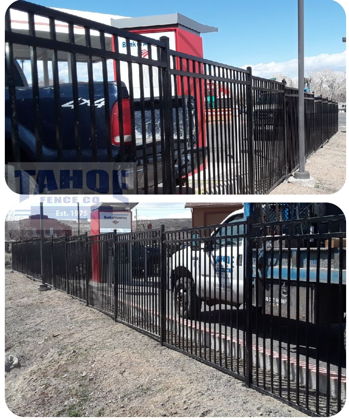 Similar to this 3-rail, ornamental steel fence Tahoe's crews installed in Dayton (Lyon County.) The posts & panels are pre-galvanized with a black, powder coat finish to increase the fence's durability.