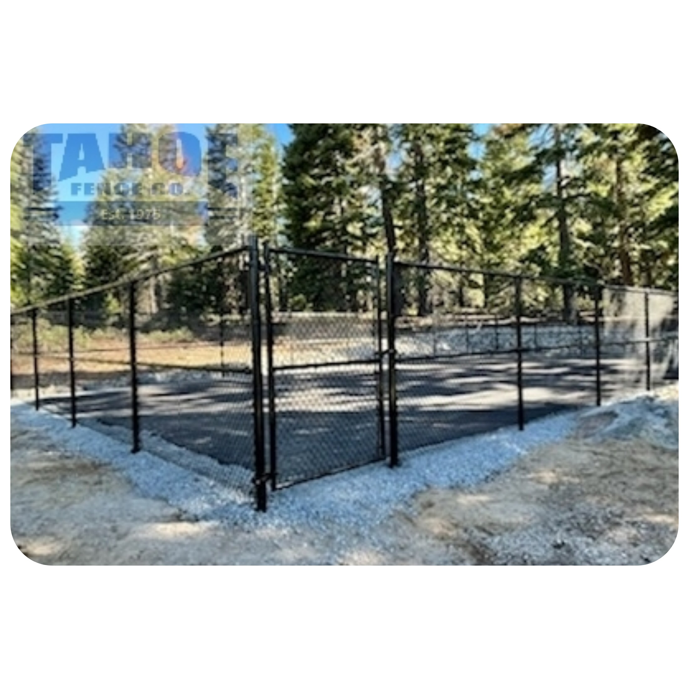 10' high, all black Tahoe Fence pickleball court enclosure in Rubicon Bay at Lake Tahoe (El Dorado County.)