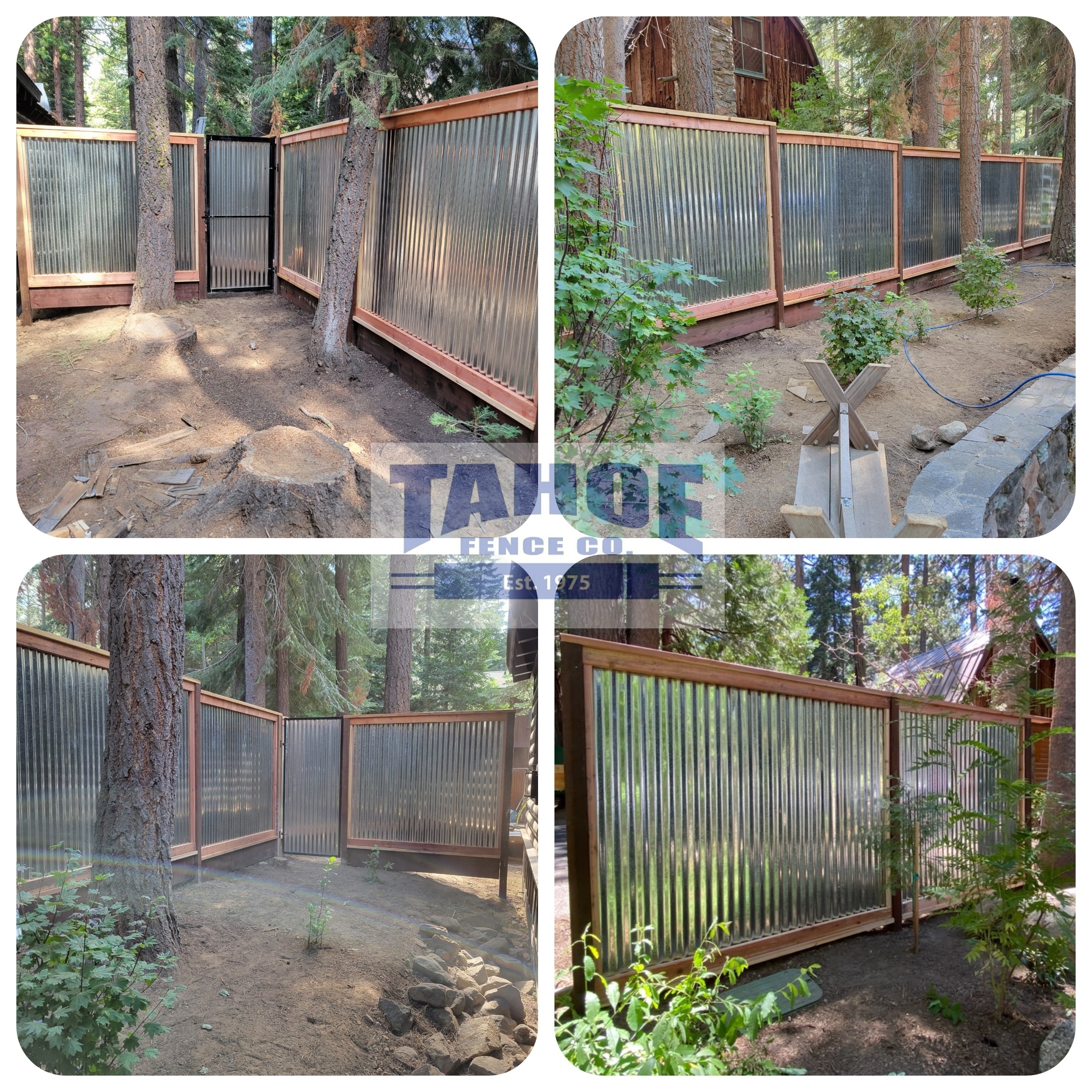 Corrugated sheeting with redwood, box framing on pressure treated posts and bottom kicker by Tahoe Fence in Tahoma (El Dorado and Placer County.)