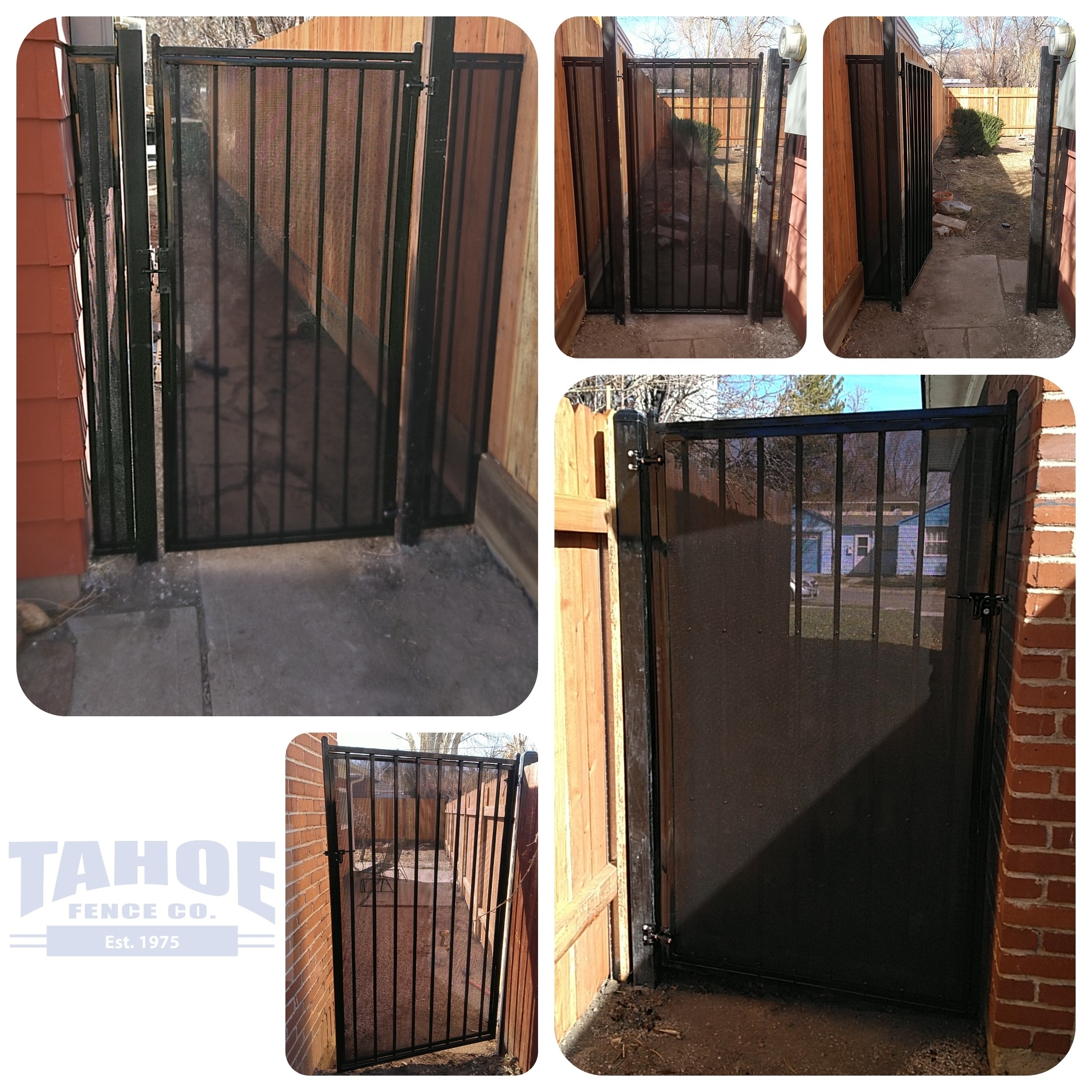 Tahoe Fences' Pictured: Semi-private screened iron in Carson City. Full privacy screened iron in South Lake Tahoe. Open welded-rod panels in Truckee.
