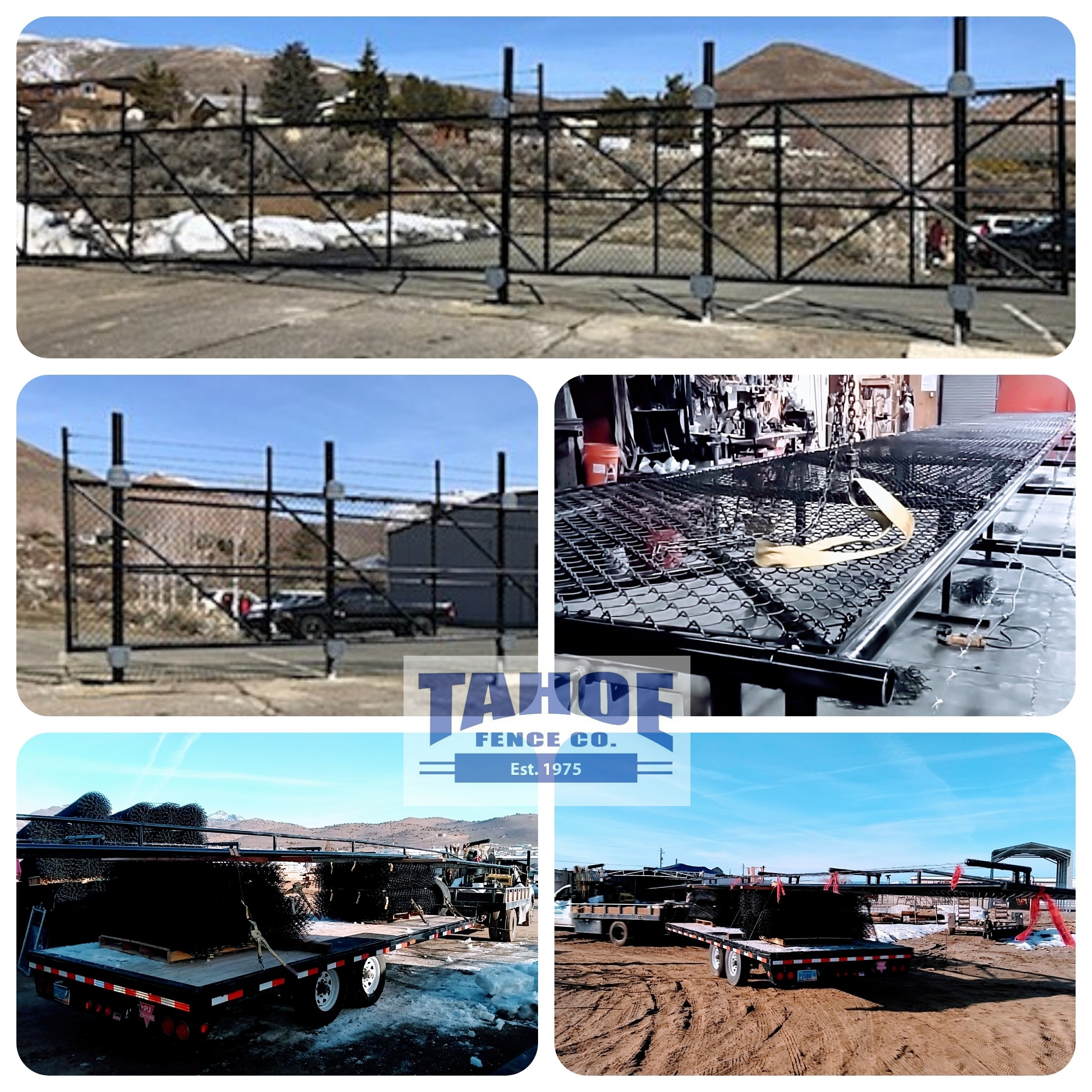 Need Secured Access? 
We Have A Gate For It.

Whether you need a small, swing gate for a backyard garden, or a much longer, cantilever slide gate for large equipment access, Tahoe has a gate for it.

The majority of our gates we make, either in shop or on site. So Tahoe's gates are made to fit your needs.

Pictured: A black, chainlink cantilever slide gate with spine for a 30' opening (45' net.) Made, transported, and installed, by Tahoe Fence in Carson City