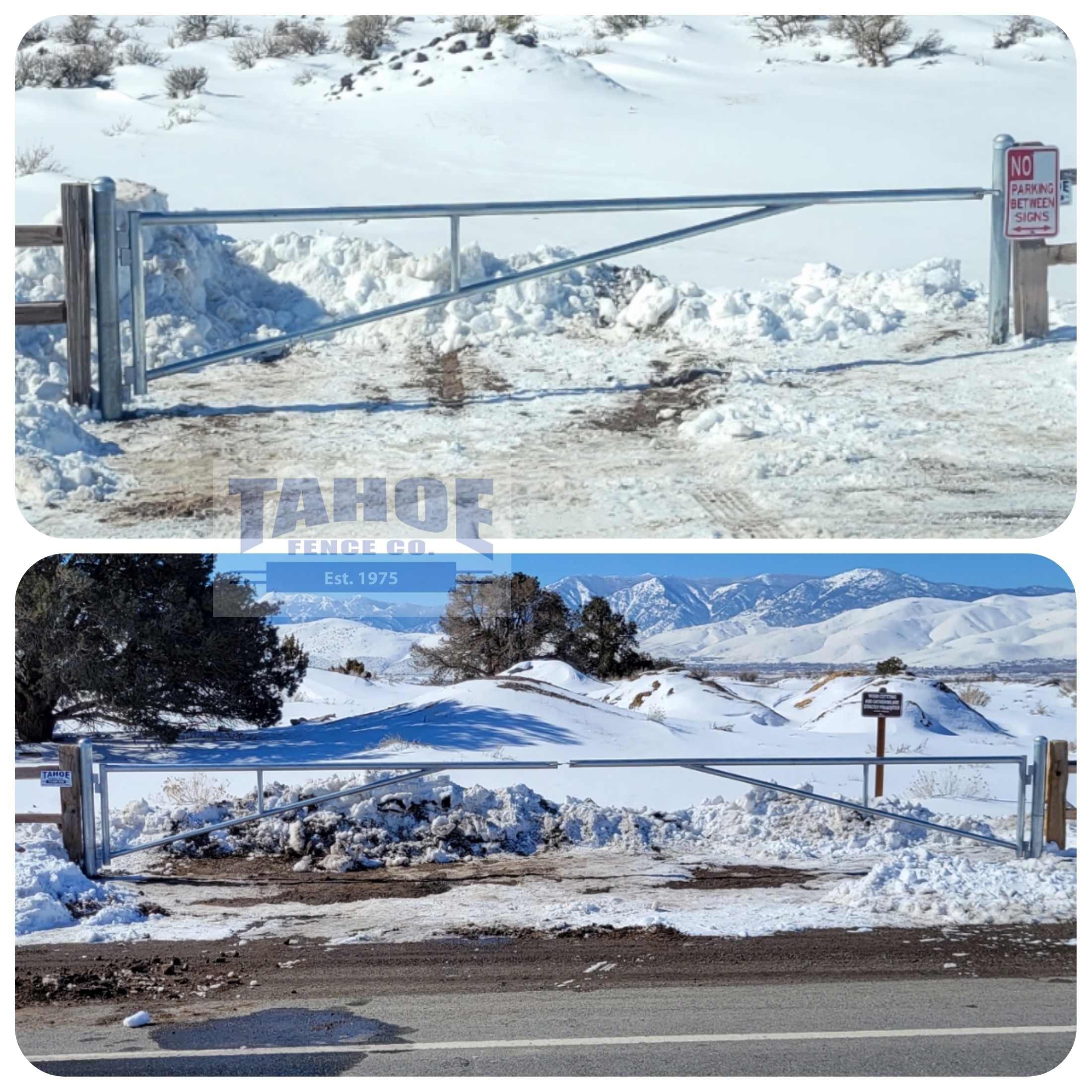 Keeping It Beautiful

We may be biased as locals, but our area is pretty with a little bit of snow (emphasis on a little at this moment!)

And to help keep it beautiful, Tahoe installed some pipe, barrier gates near the Carson City Disk Golf Course to keep out unauthorized vehicles.

Pictured: Galvanized pipe barrier arm gates in Carson City. One 14' wide, single swing gate and one set of 25' wide, double swing gates with ball bearing hinges.
