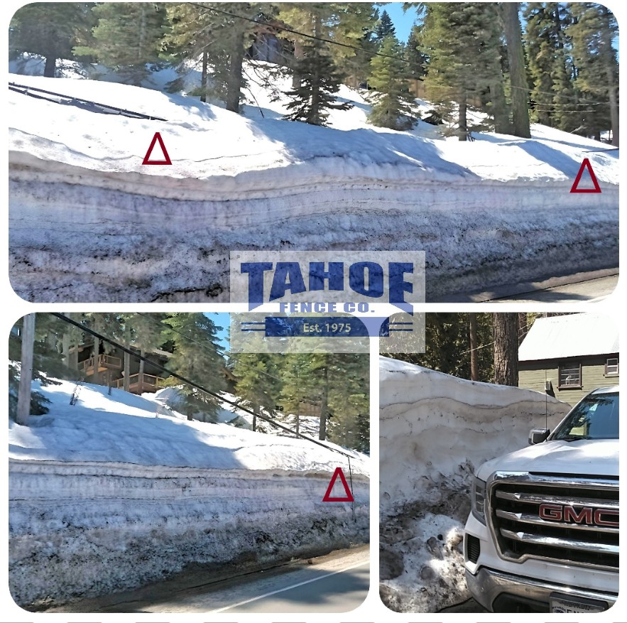 That Time of Year Again

It's that time of year again when Tahoe's wait times for scheduling estimates and job installations start to get longer and longer. Due mainly to improving weather conditions and increased access to more of the areas where we work.

We look forward to working with you. But please be patient. We setup our estimate schedule by grouping an area's calls together, to be more efficient. And we may not be in the same place making calls for a bit depending on the volume we have in other areas.

It was a record year for snow amounts all over our area. While the snow has melted in some places, and is melting in others, it's still piled up elsewhere and continuing to be an issue . . . limited access, saturated soil, continuing runoff, and POTHOLES!

Pictured: Snow buried utility lines between Homewood and Tahoma. The red triangles point to where the lines disappear in the snow. And snow piles taller than the roof of one of our trucks in Lake Forest (Placer County.) And we're almost in May!