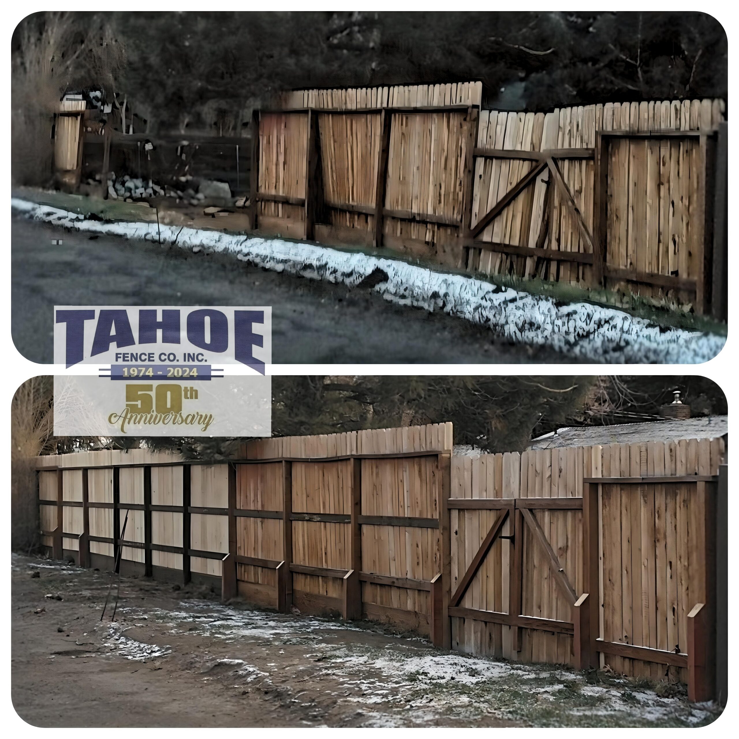 Our Business Is You
Tahoe Fence is a Better Business Bureau accredited company again this year. And for the most part, it's because of you, our customers. 
Our business is you.
It's Tahoe's 50th year in business. We've built a lot of lasting fences in that time. But we're even prouder of the relationships we've built and maintain.
Some relationships have lasted years. While others continue into the next generation.
Pictured: Before and after of cedar fence repaired by Tahoe's crews following wind and tree damage in Carson City (2024.)