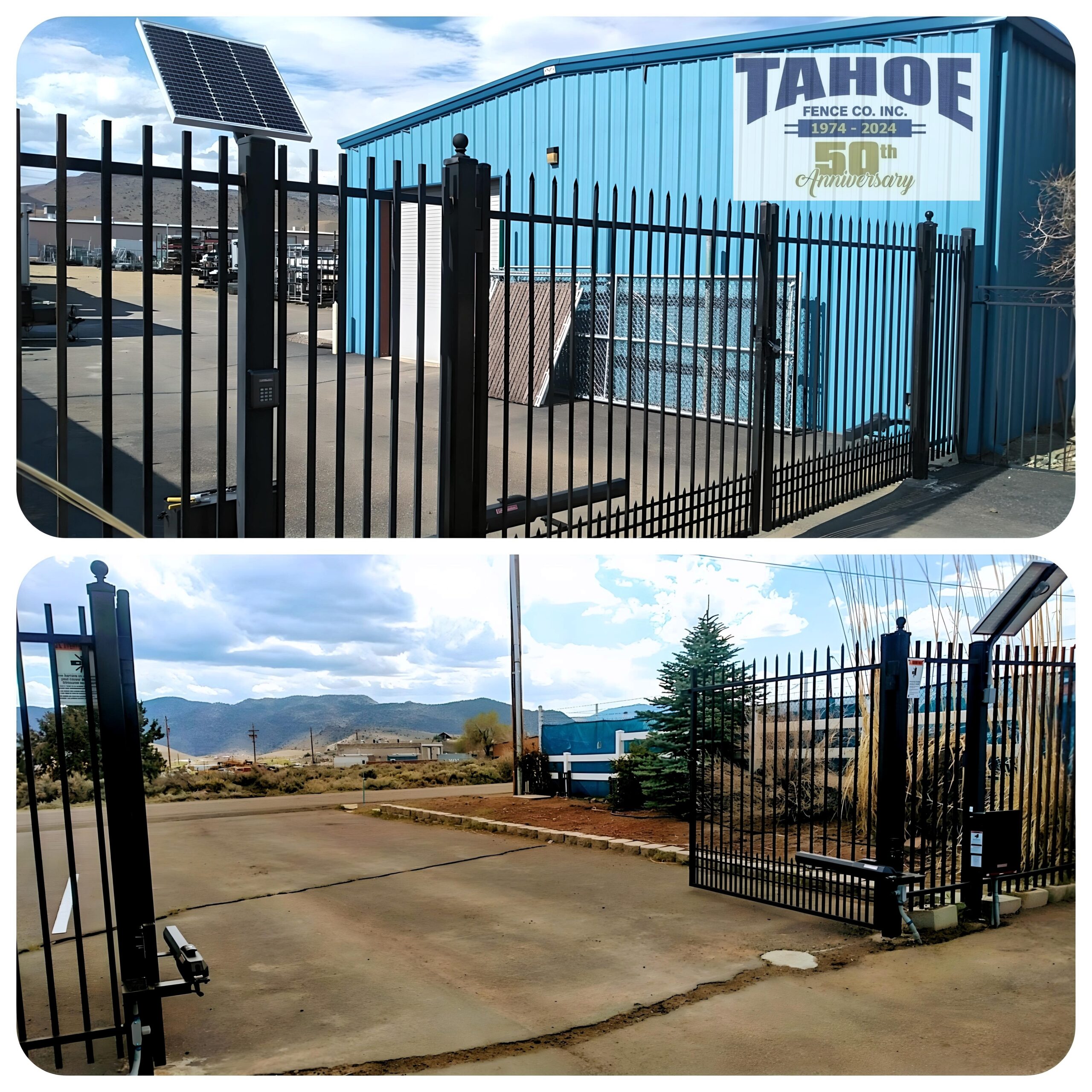 Bright Side No doubt this week has been hot. Heat wave or not, it's almost too much for Spring. On the bright side, if your driveway has good sun exposure, it could be ideal for solar-powered entry gates. Like these automated, ornamental iron swing gates by Tahoe in Mound House (Lyon County.) The solar panel uses the sun's light to charge the batteries that operate the gates. Even at night, the gates work on the energy stored from the sun.