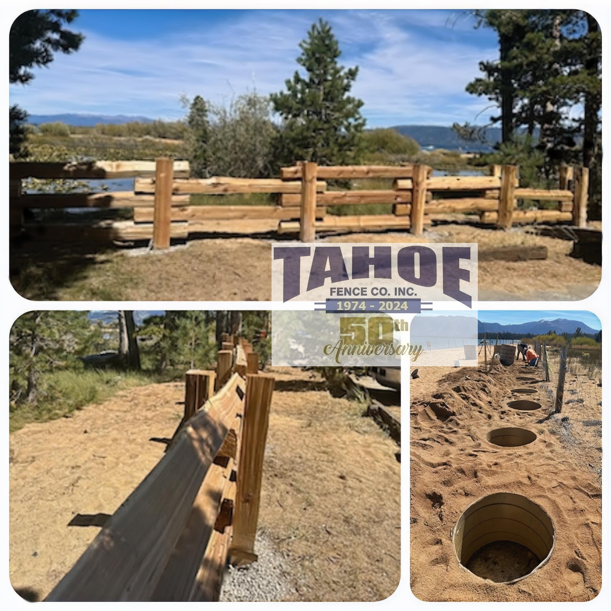 Rocking Out & Digging It Tahoe's crews have been rocking this western red cedar conservancy fence install at Baldwin and Ski Beaches for the US Forest Service restoration projects. This fence has double posts that sandwich staggered rails between them. The rails get through-bolted in place. And the posts are gravel set. Tahoe's crews are digging the holes a minimum of 24-inches in diameter to accommodate the posts and surrounding gravel. Sonotubes are required in several locations. Otherwise the sand is continually filling the holes. Pictured: Tahoe Installed Western Red Cedar Conservancy Fence for US Forest Service Beach Restoration at Baldwin & Ski Beaches in Lake Tahoe (El Dorado County.) 2024