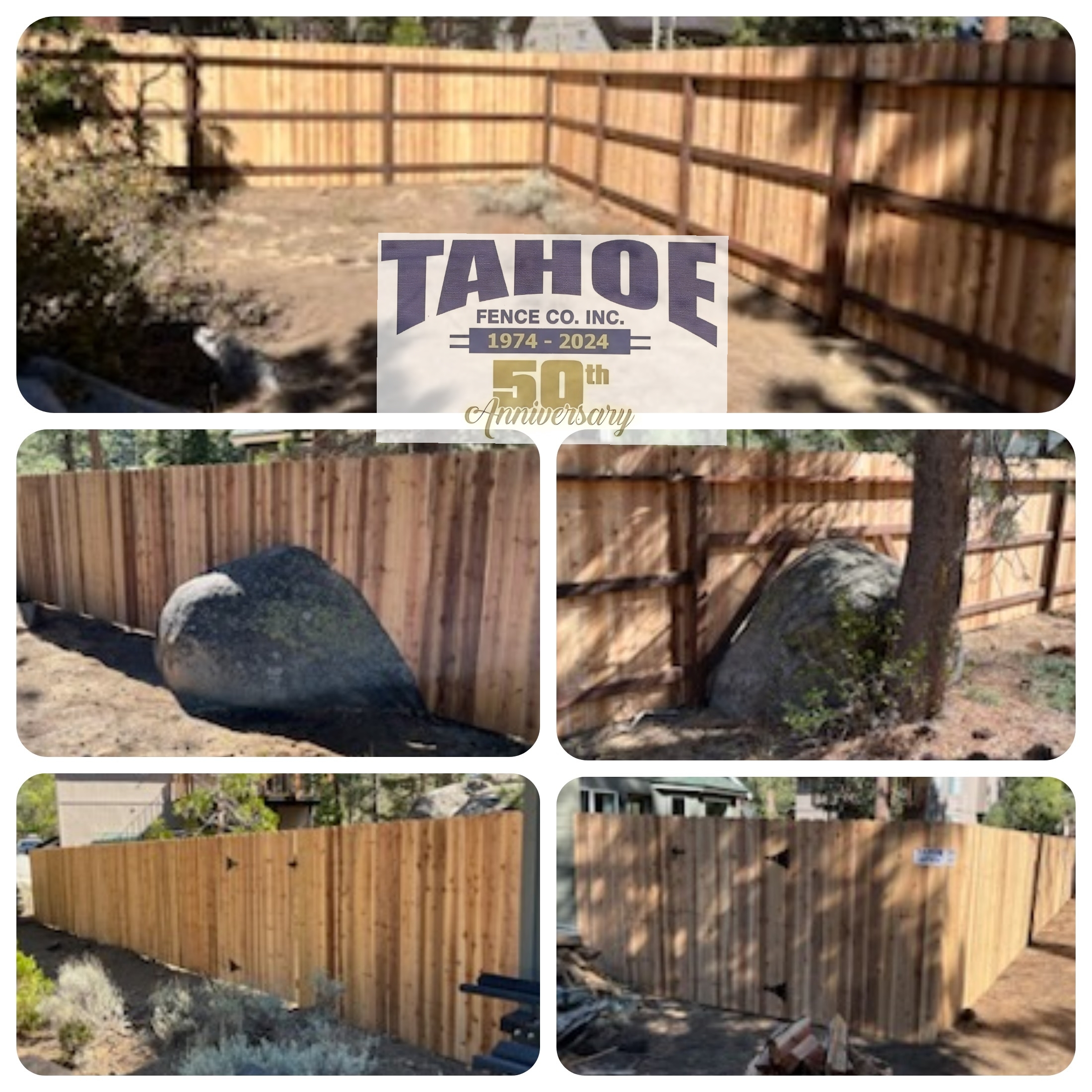 A Rock And A Hard Place Part of Lake Tahoe's allure is it's natural beauty. But that beauty can often put you between a rock and a hard place for construction projects, depending on what your property has to offer. If you don't want to move your fence around natural obstacles, such as trees or boulders, incorporate them into the fence. Tahoe Fence can build most styles of fences up to a natural obstruction in the fence line without attaching to the object. Like this dogeared wood fence with wood framing Tahoe's crews built using the boulders that were in the way at Meyers (El Dorado County.)