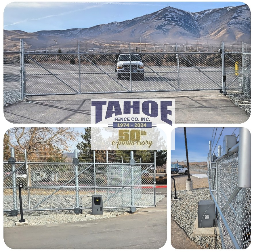 Go Big
One of Tahoe's customers needed a larger access gate than what they had on their property.
So we swapped out the existing 22-ft wide, double swing gates, to go bigger with a 27-ft wide, cantilever slide gate (about 40-ft total length.) The gate opening is now the full width of their driveway.
Because of the winds in the area, Tahoe reinforced the bracing on the gate's frame.
And a big thank you to Awaxx Systems for providing the gate operator and access controls.
Pictured: Chain Link Cantilever Slide Gate with Wind Bracing and Automated Security Access Control in Stead (Washoe County.) 2024