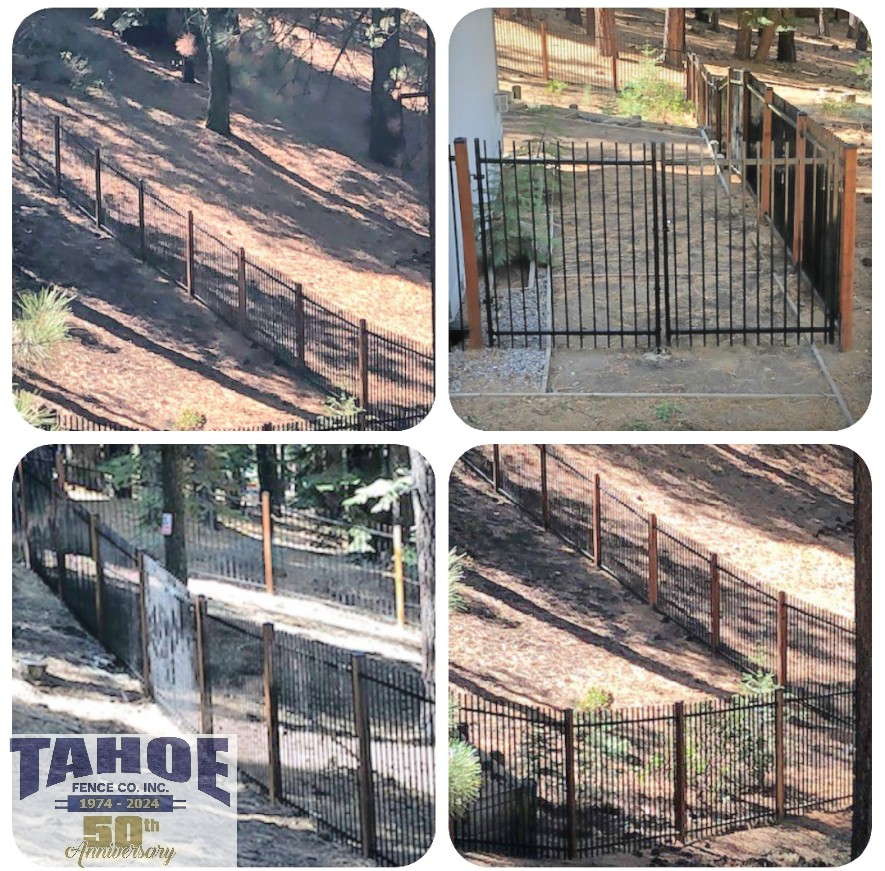 Mother Nature Has Curves Our world isn't flat. We live and work in/and around the Sierra Nevada Mountains. Here Mother Nature has curves and angles. While you can try and dress those angles with straight fence panels, there will be some gaps underneath that show too much. And/or don't keep enough of what's important in. With certain styles of iron (steel), vinyl, wire, and wood fences though, Tahoe Fence is able to follow those contours without stepping your fence. We can even create custom styles to meet your needs. And similar to our chain link and wood fences, we are able to install a steel fence for you on either metal or wood posts. Tahoe Fence can attach your steel fence almost anywhere on Mother Nature's solid surfaces. Pictured: Tahoe Fence Ornamental Iron (Steel) Modern Style Panels on Wood Posts on Hillside at Lake Tahoe