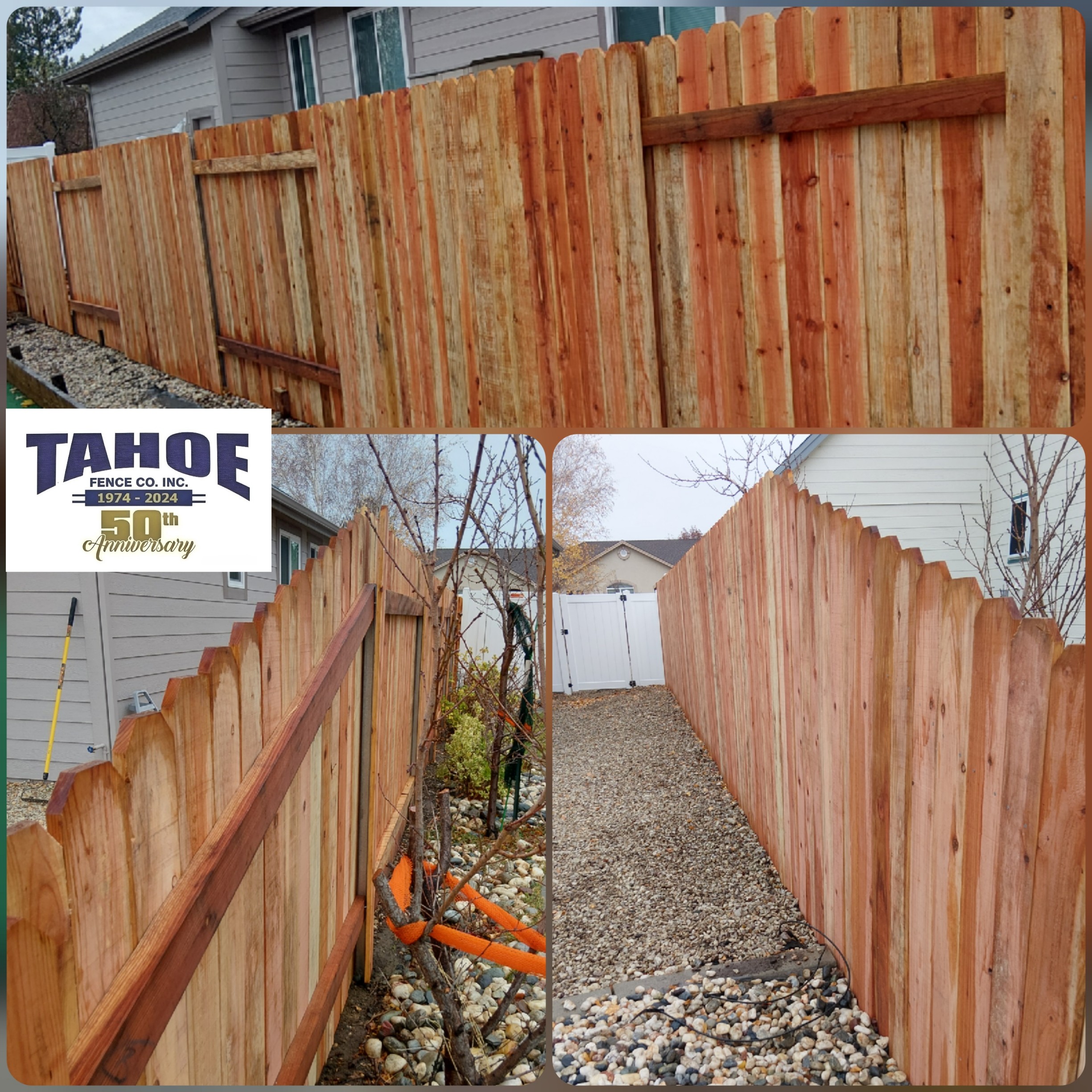 Continuing A Tradition Of Excellence All of us at Tahoe Fence are grateful to be in business since 1974. And it means that much more considering: Tahoe was voted as one of the best fence companies by the "'Nevada Appeal' Best of Carson City 2025." And the only fence company to be voted one of the best consequtively since 2009! Then we were one of only 3 companies nominated as one of the best fence companies by "'The Record-Courier' Best of Carson Valley 2025." And finally Tahoe was voted as one of the best sub-contractors, and the only fence company nominated for the 2nd year in a row, by the "'Northern Nevada Business Weekly' 2025 Best in Business." Thank you to all who continue to support us. You're the reason Tahoe Fence continues a tradition of excellence from the mountains through the valleys. Pictured: Tahoe Fence redwood on steel posts showing a Good-Neighbor (alternating panel) style and views of both the board and frame sides of a standard dogear style in Carson City.